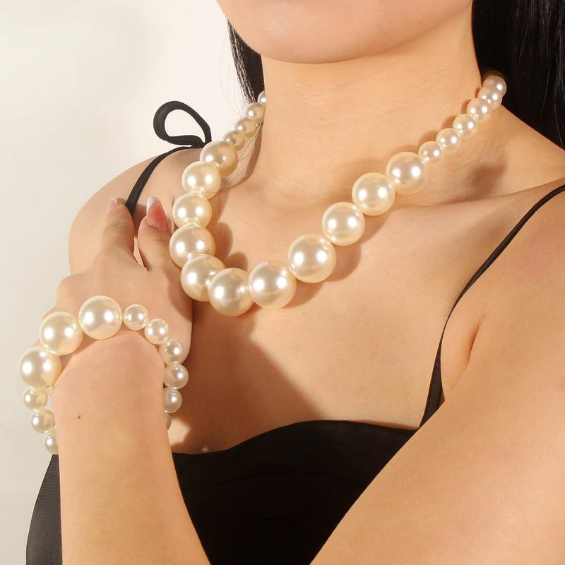 KOSMOS-LI Women's Large Big Simulated Ivory Pearl Statement 19" Necklace Bracelet and Earrings Jewelry Set Stocking Stuffers - Image 2